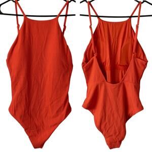 NEW ANDIE Asbury Ribbed High Neck Low Back One Piece Swimsuit Orange Size Medium